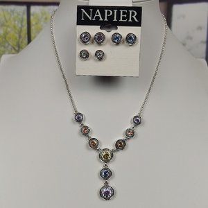 NEW NAPIER SILVER TONE MULTI-COLOR CRYSTAL Y DROP NECKLACE AND EARRING SET